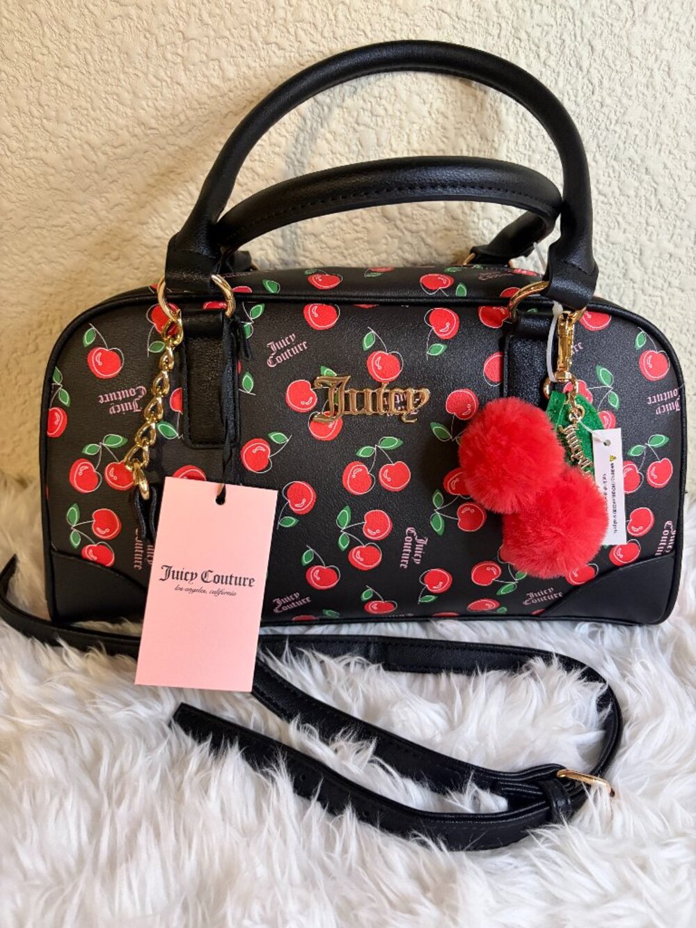 Juicy Couture Cherry Girl Satchel Crossbody Bag Black Cherry Pom NWT